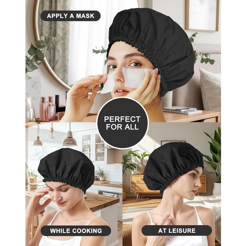 CHFONG Shower Cap for Women, Double Layer Waterproof Bath Cap, Reusable Hair Protector, Large Waterproof Shower Bonnet Washable Elastic Band Bath Hair Hat for Long Hair, Braids，Black - Image 3